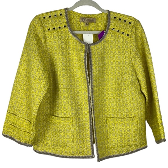 Democracy hook loop closure jacket pockets adorned trim studded Sz L Yellow/Gray - Picture 1 of 11